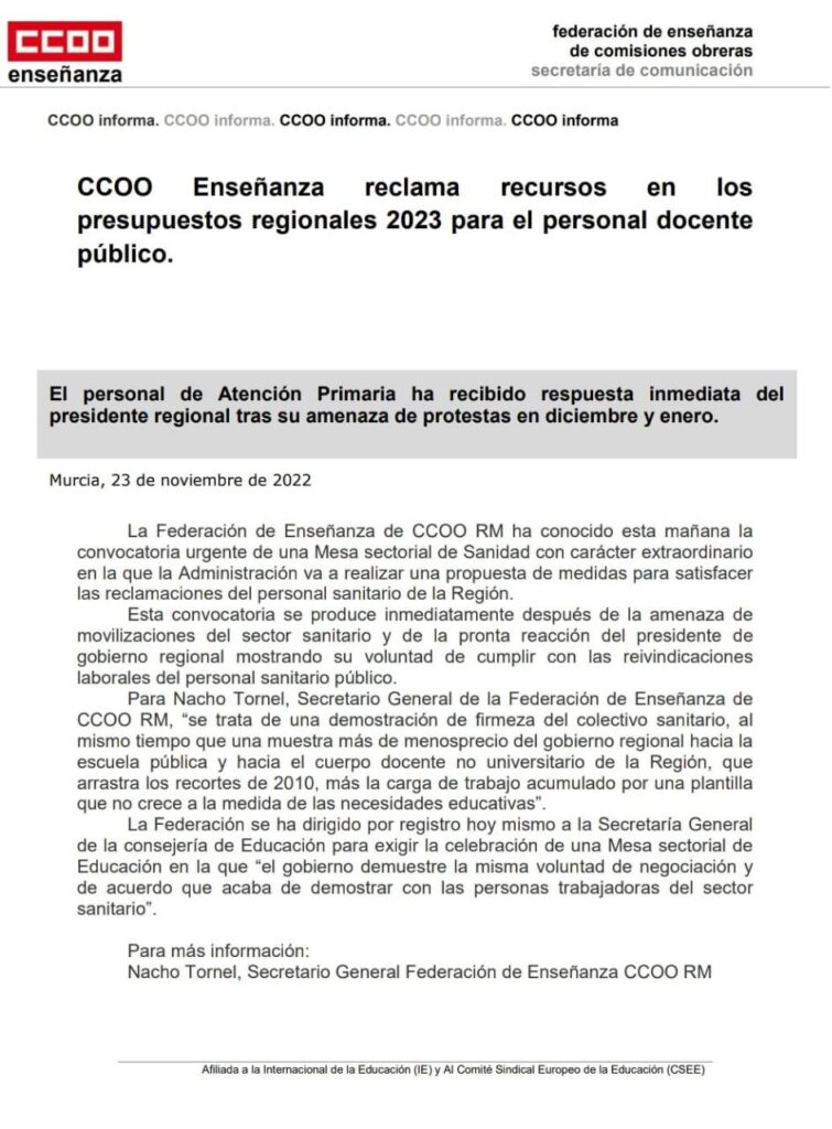 CCOO EXIGE A LA ADMINISTRACIÓN REGIONAL QUE PLANIFIQUE UNA RECUPERACIÓN